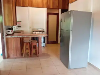 a kitchen with a stainless steel refrigerator and a counter at Las Palmeritas de Ojochal in Tortugal