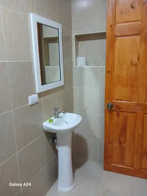 a bathroom with a white sink and a mirror at Hospedaje Arboleda in Quepos