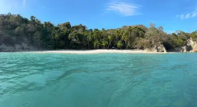an island in the ocean with a beach and trees at Casa Celeste Río Grande in Paquera