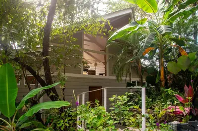 a house with a balcony in the middle of plants at Casa Aliki, Luxury Beach Home with THE VIEW in Santa Teresa Beach