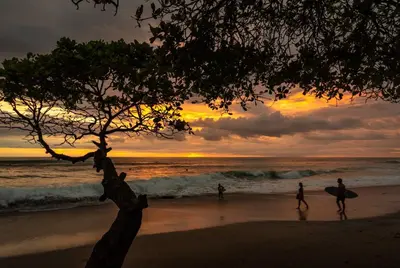 a group of people walking on the beach with surfboards at Surf Casitas - High Tide Bungalow in Santa Teresa Beach