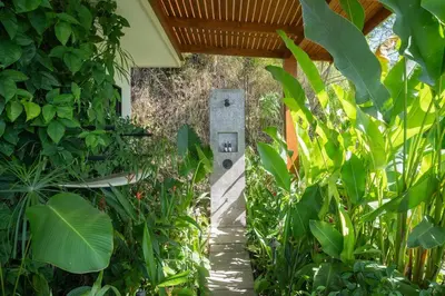 a walkway through a lush green garden at Casa Colibri - Stunning ocean view in Santa Teresa Beach