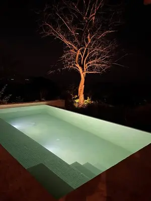 a tree in the middle of a swimming pool at night at Casa Colibri - Stunning ocean view in Santa Teresa Beach