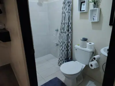 a bathroom with a toilet and a shower at SJO airport eco-Escape, Villa jr 2 & Pool in Tivives