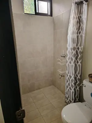 a bathroom with a shower with a toilet and a window at SJO airport eco-Escape, Villa jr 2 & Pool in Tivives
