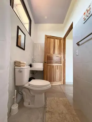 a bathroom with a toilet and a wooden door at Apartamentos Aquí Me Quedo in Nandayure