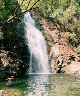 a group of people swimming in a pool in front of a waterfall at Villa Primavera Santa Teresa Center- walking distance to the beach in Santa Teresa Beach