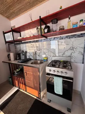 a kitchen with a stove and a sink at Cabina Hermanas Valencia in Monteverde Costa Rica