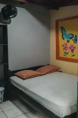 a bed in a room with a butterfly painting on the wall at Dominical Long Term Rental in Savegre