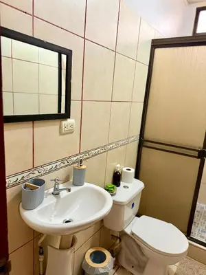 a bathroom with a toilet and a sink and a mirror at Apartamento Bella Vista in Quepos