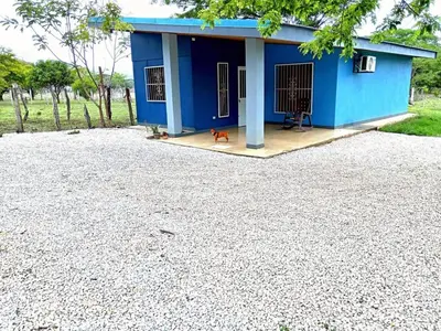 a blue house with a dog in front of it at Guanacaste Azul in Santa Cruz