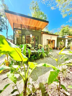 a house with a wooden roof and a lot of plants at Ikiru House in Santa Teresa Beach