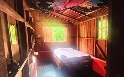 a small room with a bed in a wooden house at Wild Nest Chirripo in Rivas