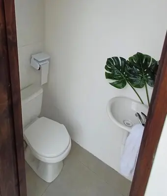 a bathroom with a toilet and a sink and a plant at Casa Coral tu refugio ideal in Herradura