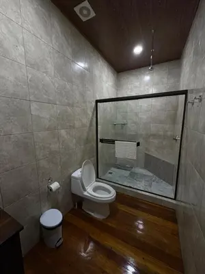 a bathroom with a toilet and a shower in it at Chato Arenal Lodge in Fortuna