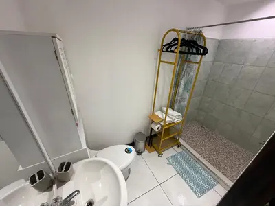 a bathroom with a shower and a toilet and a sink at Alojamiento Cereza 1 in Alajuela City