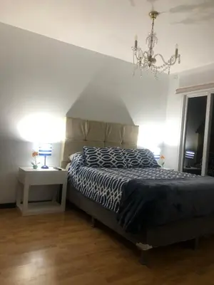 a bedroom with a bed and a chandelier at Brisa del Río Santa Ana in Río Oro