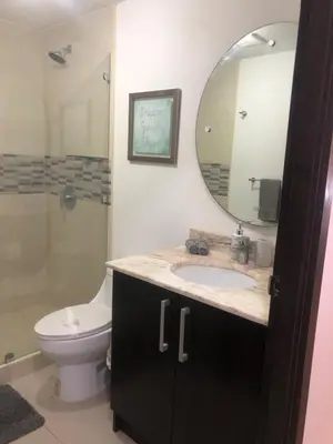 a bathroom with a sink and a toilet and a mirror at Brisa del Río Santa Ana in Río Oro