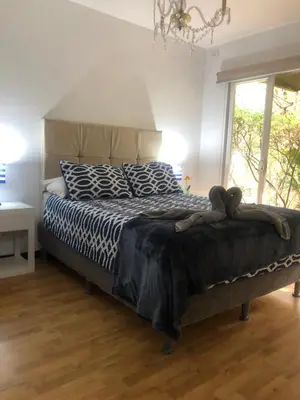 a bedroom with a bed with a black and white comforter at Brisa del Río Santa Ana in Río Oro