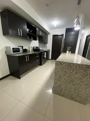 a kitchen with black cabinets and a counter top at Brisa del Río Santa Ana in Río Oro