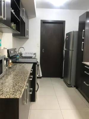 a kitchen with black cabinets and a black refrigerator at Brisa del Río Santa Ana in Río Oro