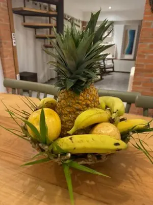 a pineapple and other fruits on a wooden table at CASA NiCO in Río Sequito