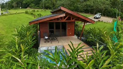 an overhead view of a small house with a patio at EcoVilla with Pool & HotSprings in Fortuna