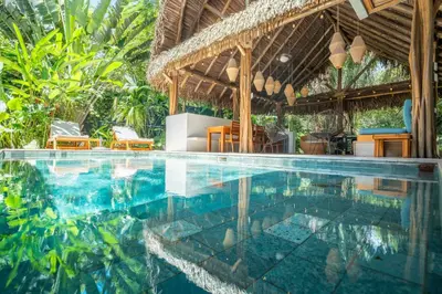 a swimming pool in a resort with chairs and trees at Green House 1 in Nosara