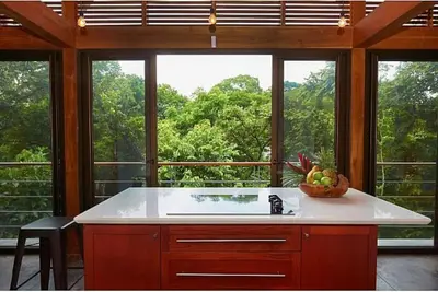 a kitchen with a counter with a bowl of fruit on it at Casa Canopy in Nosara