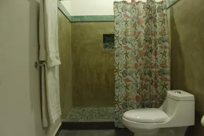 a bathroom with a toilet and a shower with a shower curtain at Hotel Huacas in Huacas