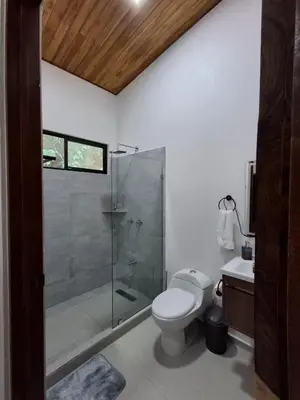 a bathroom with a shower and a toilet and a sink at Casa Manzu in Nosara