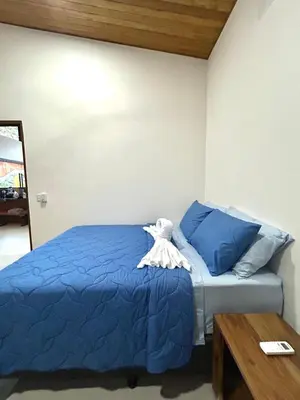 a bedroom with a blue bed and a wooden table at Casa Manzu in Nosara