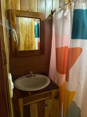 a bathroom with a sink and a mirror and a shower curtain at VA Logde in Monteverde Costa Rica