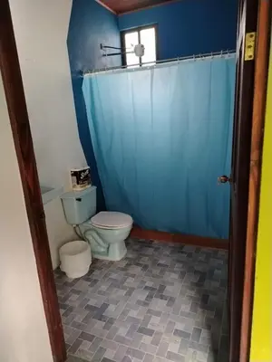 a bathroom with a toilet and a blue shower curtain at Casa Marina in Pedregal
