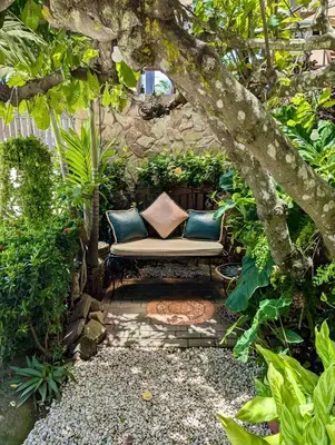 a bench sitting under a tree in a garden at Hotel Mar y Mar in Puntarenas