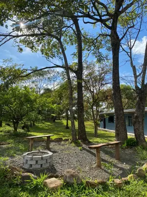 two wooden benches in a park with trees at Finca Marbella in San Ramón