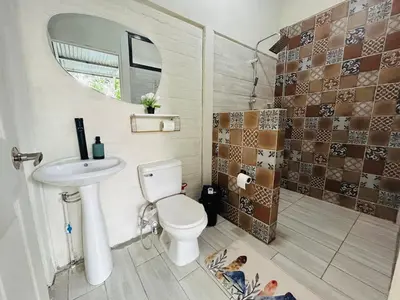 a bathroom with a toilet and a sink and a mirror at House with a private swimming pool in Chontales
