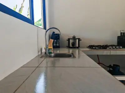 a kitchen counter with a sink and a stove at Casa Celeste Rio Grande #2 in Puntarenas