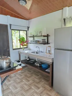 a kitchen with a sink and a refrigerator at Ibis House, Bijagua in Upala