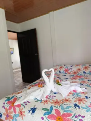two swans made out of towels on a bed at Ibis House, Bijagua in Upala