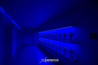 a blue room with a shelf with figurines on it at Dreamliner at 11s, City Views and Wonderland Vibes! in Hatillo