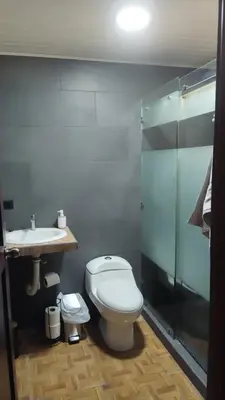 a bathroom with a toilet and a sink and a shower at Capi-Capi Retreat in Paquera
