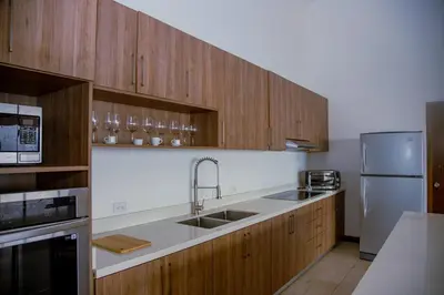 a kitchen with wooden cabinets and a sink and a refrigerator at Home in Perez Zeledon with Chirripó Views in Angostura