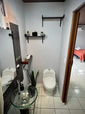 a bathroom with a toilet and a glass sink at Villa Jade La Fortuna, Family in Fortuna