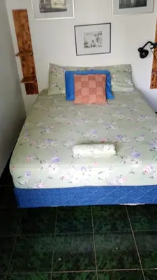 a bed in a room with a blue and white comforter at Kristel Rooms in Quepos