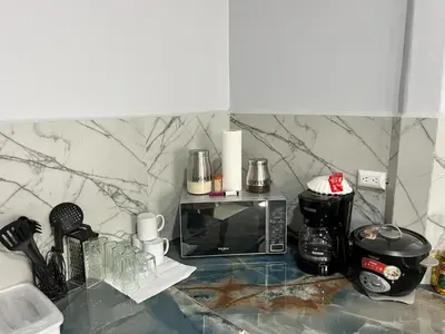 a kitchen counter with a microwave and other appliances at Teyú Green Cottage in Cuatro Esquinas