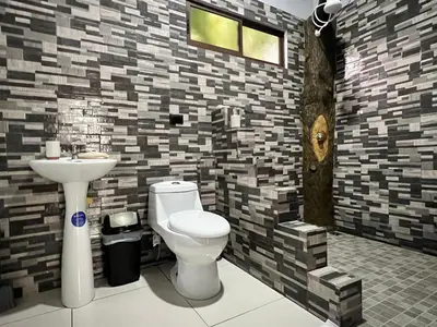 a bathroom with a toilet and a sink at Teyú Green Cottage in Cuatro Esquinas