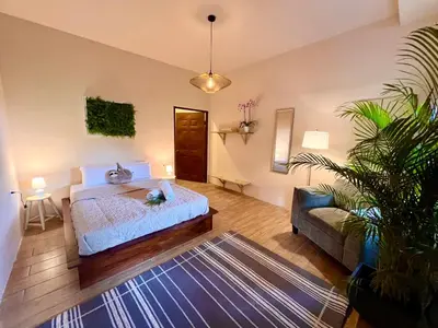 a bedroom with a bed and a couch at Zen Zaru Free MA Park Tour & Breakfast in Manuel Antonio