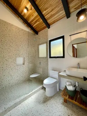 a bathroom with a toilet and a sink and a mirror at MAUMA Forest Villas - Fireplace & Amazing Views in Monteverde Costa Rica