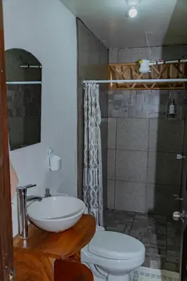 a bathroom with a sink and a toilet and a shower at Bongalows Chepe Araya in Pejibaye